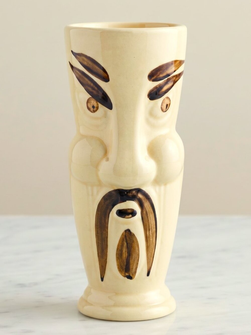 Vintage Mid-Century Tiki Face Ceramic Vase/Mug–Fu Manchu Design 7"